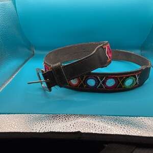 32” Vintage Embroidered Leather Mirror Belt, western Colorful Geometric Design